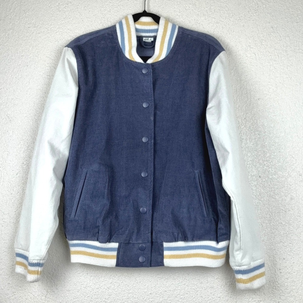 Aerie Blue Corduroy Varsity Jacket - M - Snap Front Striped Trim Preppy Retro